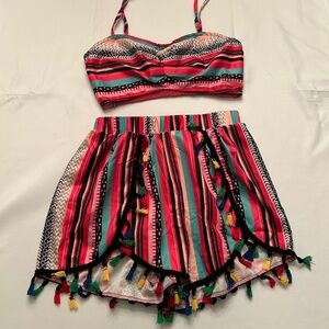 Striped Two-Piece Crop Top & Tassel Shorts Set - Pink Teal Multicolor